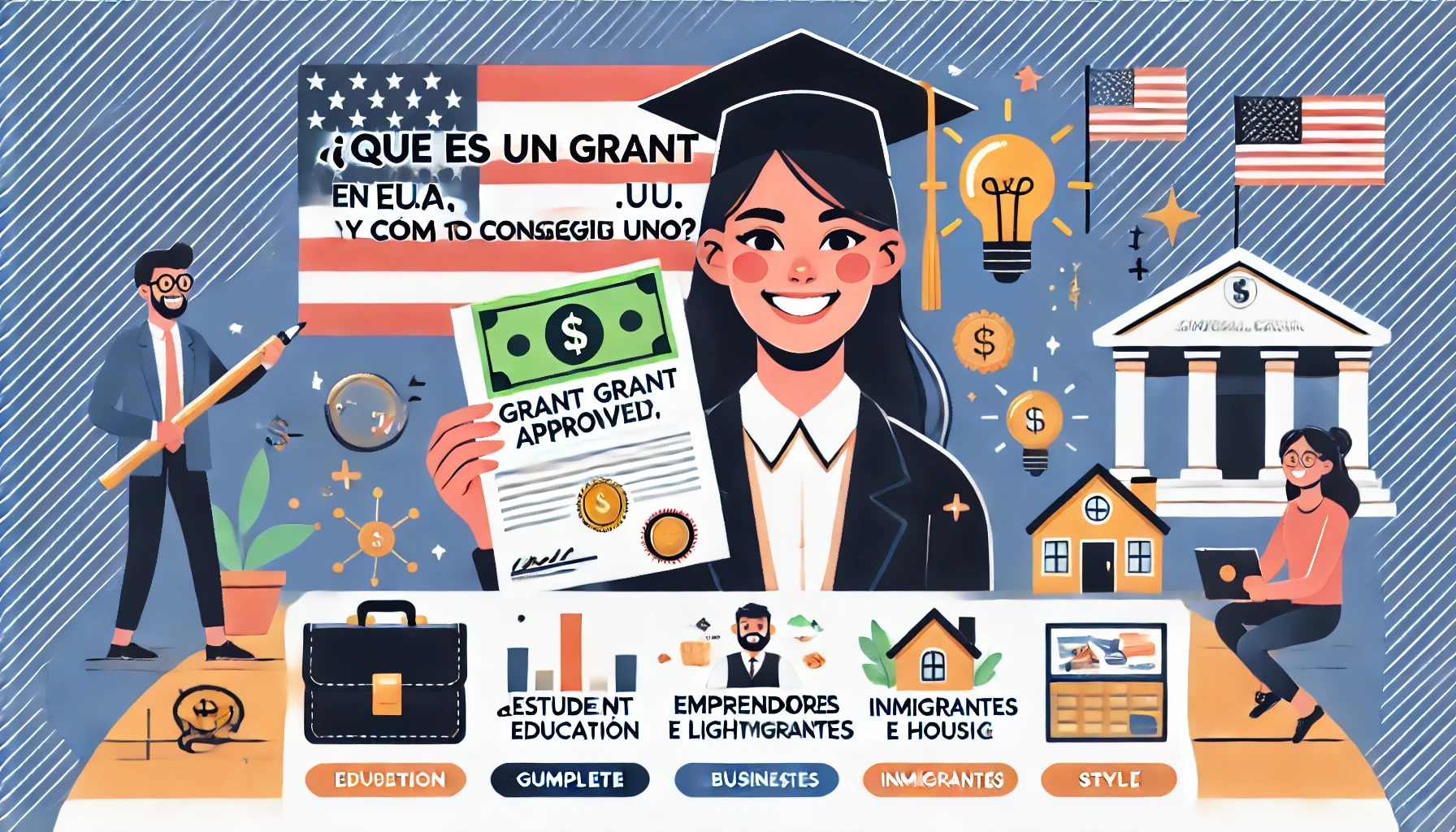 Banner promocional para artículo de blog sobre grants en Estados Unidos. Muestra una mujer joven con carta de aprobación, junto a símbolos de educación, negocios y vivienda.