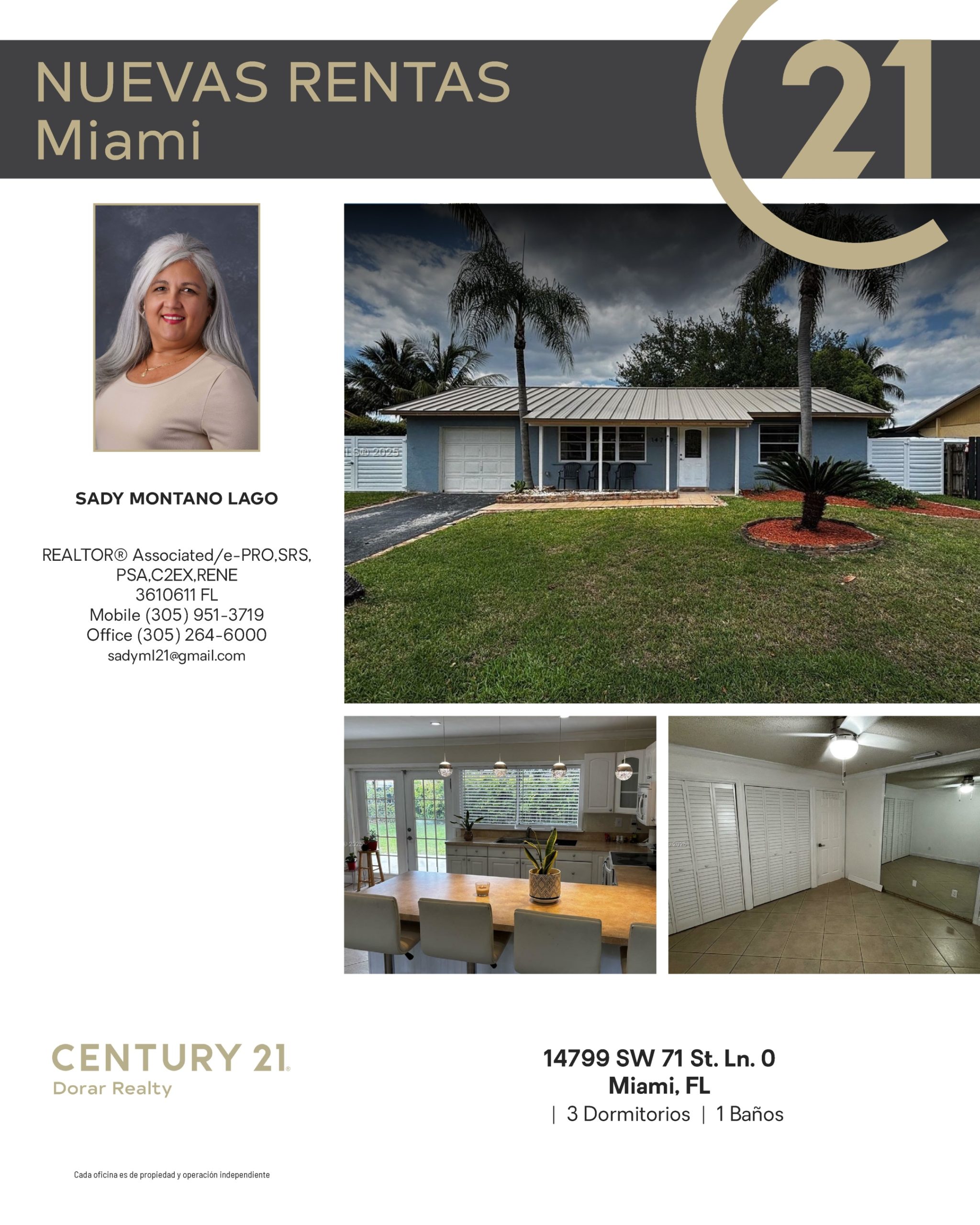 Casa en renta en Miami con 3 dormitorios, 1 baño, jardín y cocina moderna.