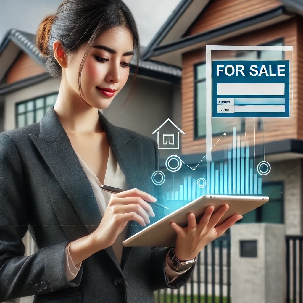 Agente inmobiliaria presentando propiedad en venta en Miami.