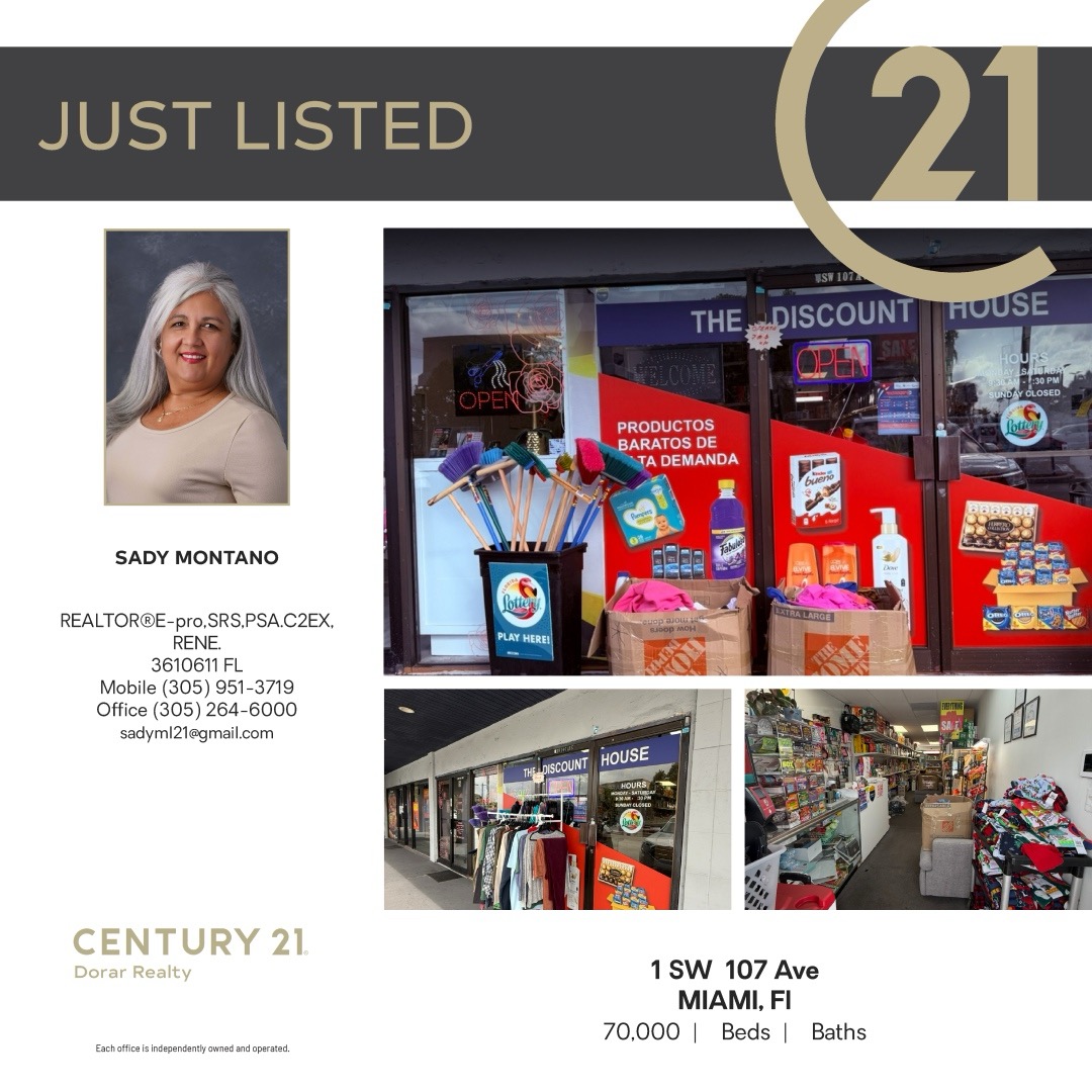 Flyer “Just Listed” de Century 21 Dorar Realty con fotos de la tienda The Discount House en Miami.